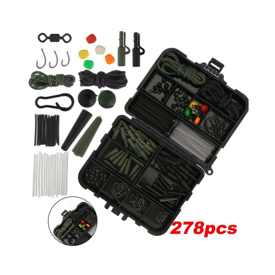 278× Carp Fishing Tackle Job Lot Box Hooks Swivels Safety Clips Tubing Set