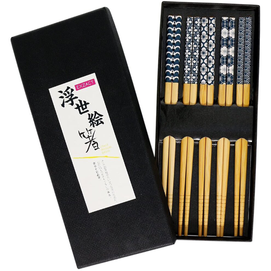 Exzact Chopsticks Gift Set - 5 Pairs of Reusable Natural Bamboo Chopsticks in a Beautiful Black Handmade Box - Decorated...