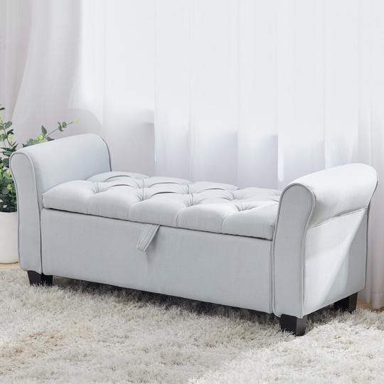 (Beige) Linen Bed End Bench Ottoman Storage Blankets Box Stool with Armrest