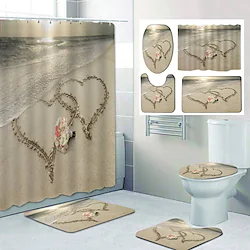 Beach Love Heart Pattern Printing Bathroom Shower Curtain Set Polyester Bathtub Curtain and Mats 4pcs Lightinthebox