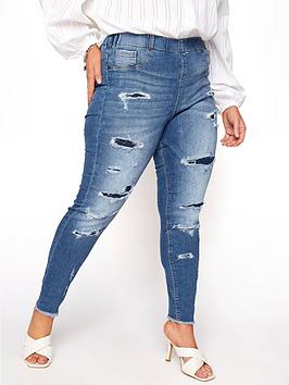 Yours Jenny Rip and Repair Jegging - Indigo, Blue, Size 34-36, Women