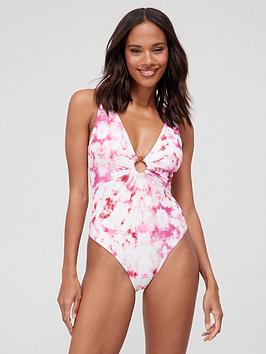 V By Very Cut Out Detail Swimsuit - White/Pink