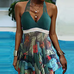 Women's Swimwear Tankini 2 Piece Plus Size Swimsuit 2 Piece Open Back Printing for Big Busts Floral Leaf Green Purple Navy Blue Padded V Wire Bathing Suits New Casual Vacation / Cute / Padded Bras Lightinthebox