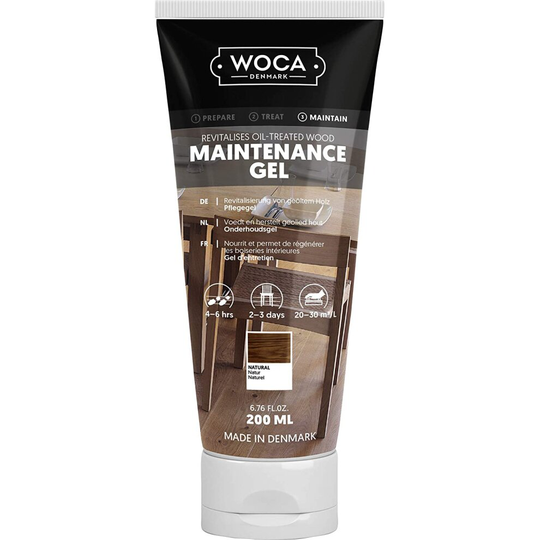 WOCA Maintenance Gel refreshing and regenerates all wood surfaces suitable for repairing of wear marks from animals, chairs and toys or high traffic