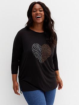 New Look Curves Black DiamantÉ Animal Print Heart Fine Knit Long Sleeve Top