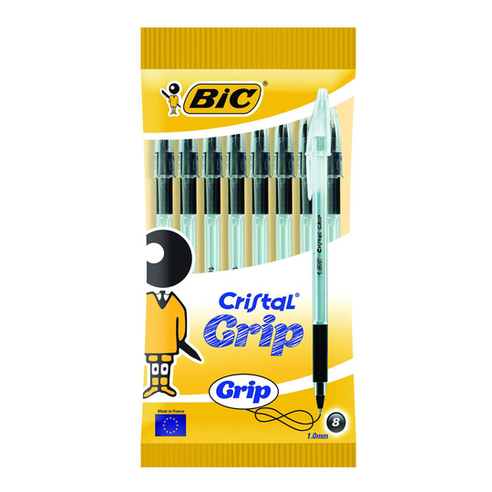 BIC Cristal Grip Ball Pens Medium Point (1.0 mm) - Black, Pouch of 8
