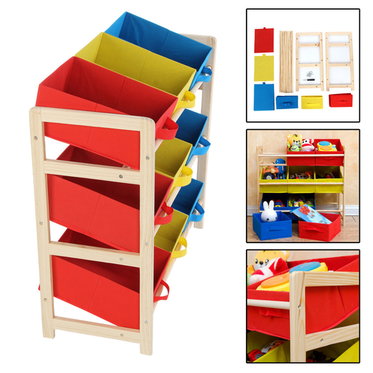 Childrens Kids 3 Tier Toy Bedroom Storage Shelf Unit & 9 Canvas Boxes Drawers