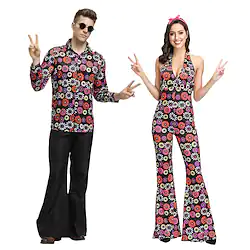 Hippie Disco Retro Vintage 1960s Hippie 1970s Disco Outfits Flowy Pants Dude Funk Men's Women's Couple's Costume Vintage Cosplay Sleeveless Leotard / Onesie / Cotton Lightinthebox