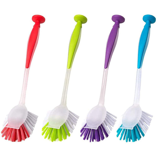 4 Pcs Dish Brush Set Dish Washing Brush with Suction Cup,Soft Grip Handle and Non-Scratch Bristles