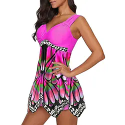 Women's Swimwear Tankini 2 Piece Normal Swimsuit Open Back Printing Butterfly Fuchsia Tunic V Wire Bathing Suits New Vacation Fashion / Modern / Padded Bras Lightinthebox