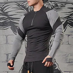 Men's Compression Shirt Thumbhole Quarter Zip Long Sleeve Compression Clothing Athletic Athleisure Breathable Quick Dry Soft Fitness Running Walking Sportswear Activewear Color Block Dark Grey Black Lightinthebox