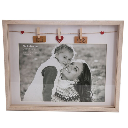 Clothes Line Wooden Box Picture Frame With Pegs For A4 Photo Print ~ Hugs and Kisses
