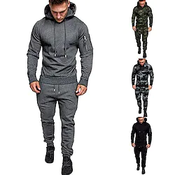 Men's Tracksuit Sweatsuit 2 Piece Street Long Sleeve Cotton Thermal Warm Breathable Moisture Wicking Fitness Gym Workout Running Sportswear Activewear Dark Grey Camouflage Army Green Camouflage dark Lightinthebox