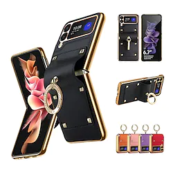 Phone Case For Samsung Galaxy Back Cover Z Flip 4 Z Flip 3 Ring Holder Fashion Shockproof Solid Colored PU Leather Lightinthebox