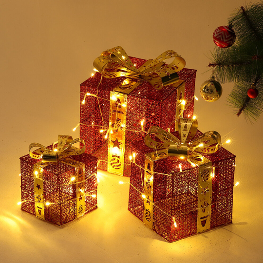 (Red) Light Up Outdoor Christmas Gift Boxes Set of 3 Present Box Holiday Xmas Decor