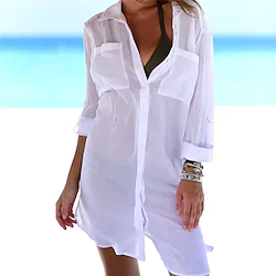 Women's Swimwear Cover Up Beach Top Normal Swimsuit Button Pocket Pure Color Black Light Green Navy Blue White V Wire Bathing Suits New Vacation Fashion Lightinthebox