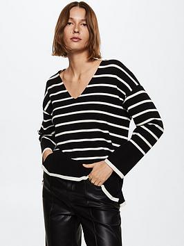 Mango V Neck Fine Knit Stripe Jumper - Black