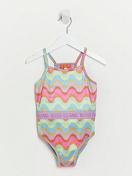 River Island Mini Mini Girls Wave Print Swimsuit-Multi, Purple, Size Age: 18-24 Months, Women