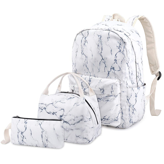 School Bags Backpack Set Teen Girls Bookbag with Lunch Box Bag and Pencil Case for 14inch Laptop (Marble)