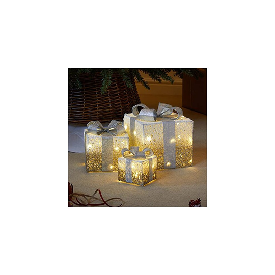 Set of 3 Gold Sparkle Light Up Faux Gift Boxes Pre-Lit 45 LED