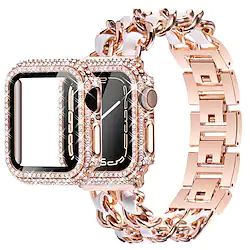 Women Bracelet Rose Gold White Leather Apple Watch Band with Case Bling Tempered Glass Protector Case Cover Compatible with Apple Watch Bands 38mm 40mm 41mm 42mm 44mm 45mm Series 8/7/6/5/4/3/2/1/SE Lightinthebox