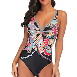Women's Swimwear One Piece Monokini Bathing Suits Normal Swimsuit Tummy Control Open Back Print Polka Dot Flower Black V Wire Bathing Suits New Casual Vacation / Modern Lightinthebox
