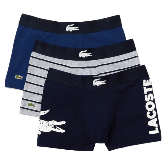 (M, Navy Blue/White-Silver Chine) Lacoste Mens 2021 5H1803 3 Pack Big Croc Stretch Cotton Jersey Boxer Briefs