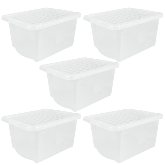 (5 Pack 24L Box) Wham Plastic Storage Shelf Box Stackable Containers Clear With Secure Clip Lid