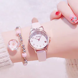 Fashion Cute Bowknot Cat Dial Girl Watch Children Set Watch Casual Leather Strap Student Watch With Beaded Bracelet Kids Quartz Watch Wristwatch For Birthday Christmas Gift Lightinthebox