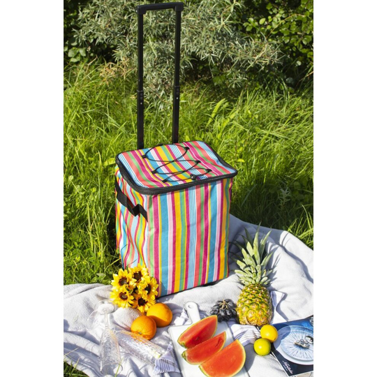 Pull Along Picnic Cool Bag Trolley Portable Stripy Food Drink Cool Box