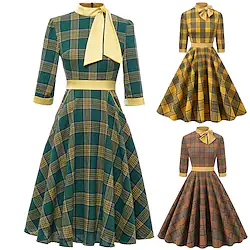 Women's 1950s Audrey Hepburn Swing Dress 100% Cotton Retro Vintage Stand Collar Bow Flare Dress Royal Stewart Tartan Plaid Dailywear Tea Party 3/4-Length Sleeve Dress Lightinthebox