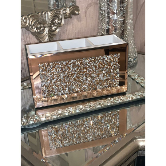 Crushed Crystal Beauty Makeup Box Rectangular Glass Holder Rose Gold