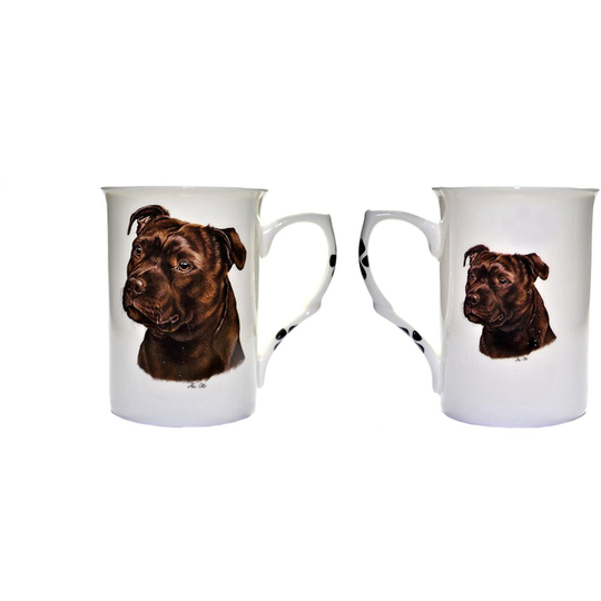 (BB56) Bone China Set of 2 Brindle Staffordshire Bull Terrier Dog Mugs - Gift Boxed