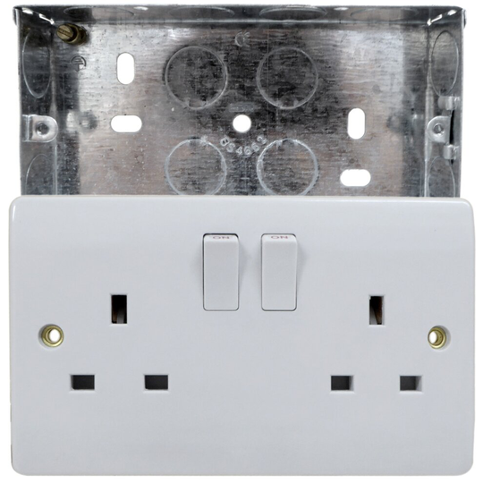 2 Gang 13 Amp Wall Socket with 25mm Galvanised Flush Steel Back Box