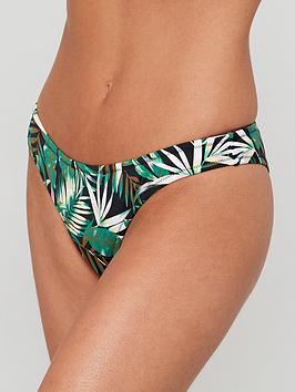 PIECES Tropical Leaf Print Brazil Bikini Bottom - Green , Black, Size Xs, Women