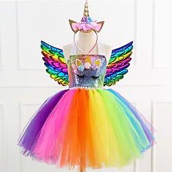 Unicorn Dress Wings Headband Girls' Movie Cosplay Dance Tight Tutus Vacation Dress Golden Blue Rainbow Dress Wings Headwear Christmas Halloween Carnival Polyester / Cotton Polyester/ princess Lightinthebox