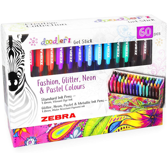 Zebra Doodler'z Gel Stick Pens - 1.0mm - Fashion, Glitter, Neon and Pastel Colours - Gift Box of 60 Pens