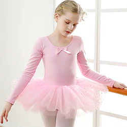 Kids' Dancewear Ballet Dress Bowknot Solid Splicing Girls' Training Performance Long Sleeve High Cotton Blend Tulle Lightinthebox