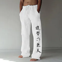Inspired by Attack on Titan levi ackerman Linen Pants Straight Trousers Baggy Pants Anime Elastic Drawstring Design Front Pocket Pants For Men's Adults' Hot Stamping Cotton Blend Daily Yoga Lightinthebox