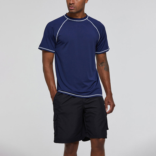 (Navy Blue, L) Men Short Sleeve Tops Shirt Diving Surfing Swimwear UV Protection Swimsuit