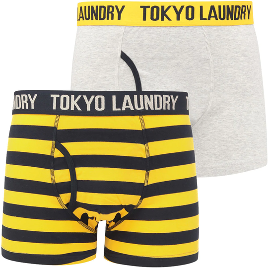 Mens Underwear Newtown 2 (2 Pack) Striped Boxer Shorts Set in Solar Yellow / Light Grey Marl - Tokyo Laundry / S - Tokyo Laundry