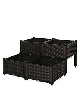 Outsunny Set Of 4 Raised Outdoor Garden Rattan Effect Planter Boxes