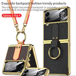Phone Case For Samsung Galaxy Leather Flip Z Flip 4 Ring Holder Leather with Phone Strap Solid Colored PC PU Leather Lightinthebox