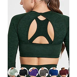 Women's Crew Neck Crop Top Cut Out Solid Color Black Burgundy Spandex Yoga Fitness Gym Workout Top Long Sleeve Sport Activewear Breathable Quick Dry Comfortable Stretchy Lightinthebox