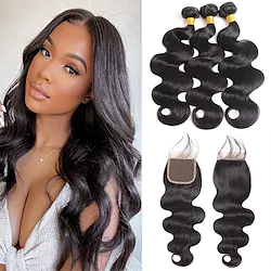 Human Hair Bundles (14 16 1812)Brazilian Body Wave Bundles with Closure Human Hair 3 Bundles with Frontal 4x4 Free Part with Baby Hair 100% Unprocessed Virgin Black Wavy Human Hair Bundles with HD La Lightinthebox