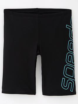 Boys, Speedo Kids Boom Logo Placement Jammer Swim Shorts - Black , Black/Blue, Size 5-6 Years