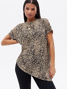 New Look Leopard Print Fine Knit Asymmetric Long Top - Brown