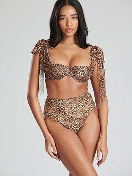 South Beach Leopard Ruched Cup Bikini With Mesh Shoulder Tie Detail