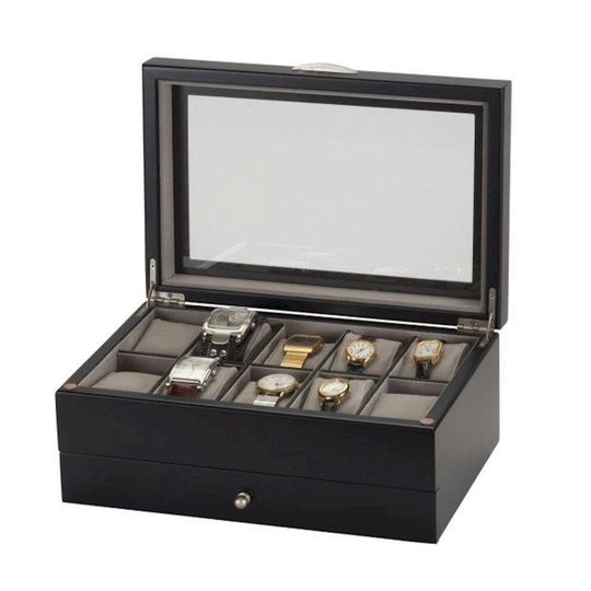 (Black) Mele & Co Men's Wooden 10 Watch Box with Glass Lid
