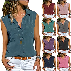 Women's Blouse Shirt Wine Pink Lotus color Plain Pocket Sleeveless Daily Work Basic Shirt Collar Regular S / Quick Dry / Lightweight Lightinthebox